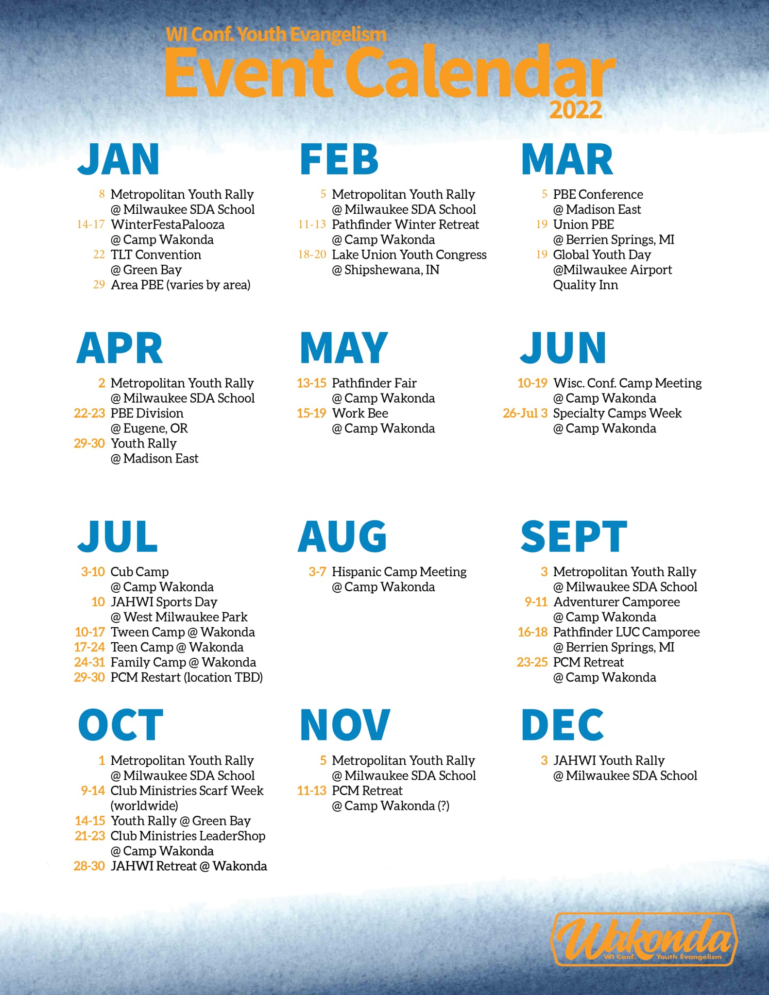 Luc Calendar 2022 Wisconsin Youth Department 2022 Calendar Of Events – Wisconsin Conference  Of Seventh-Day Adventists